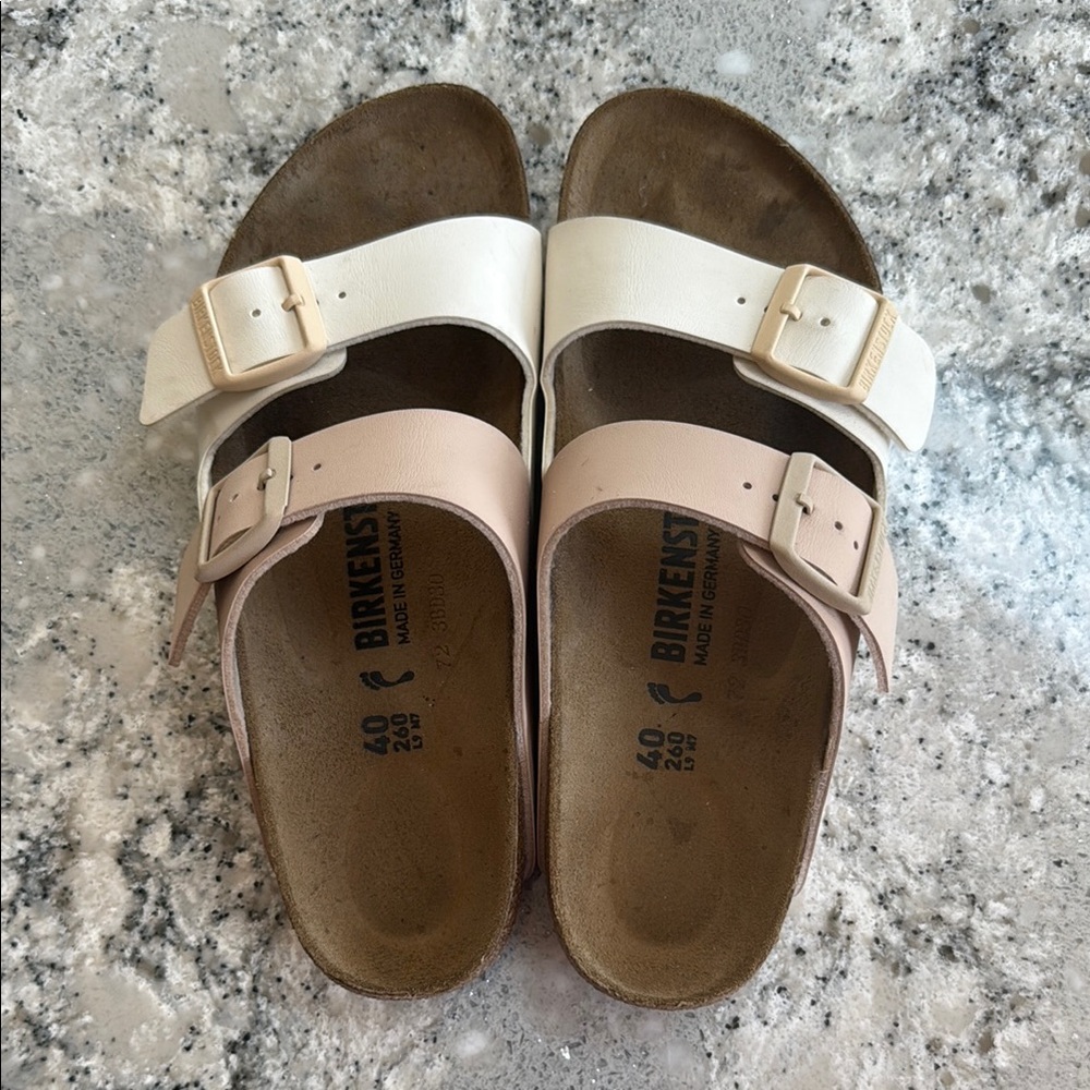 Birkenstock blush pink and white Buckle Sandals